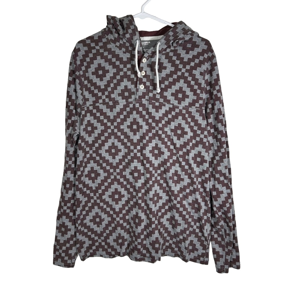Arizona Jean Co Mens Large Burgundy Grey Geometric Southwestern Henley Hoodie